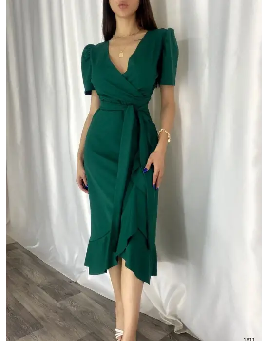 Kadın Kruvaze Yaka Midi Boy Kuşaklı Krep Elbise 120 Cm