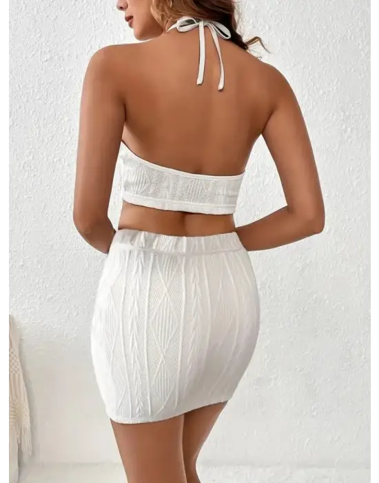 Kadın Sıfır Kol Crop Mini Etek Ikili Triko Takım