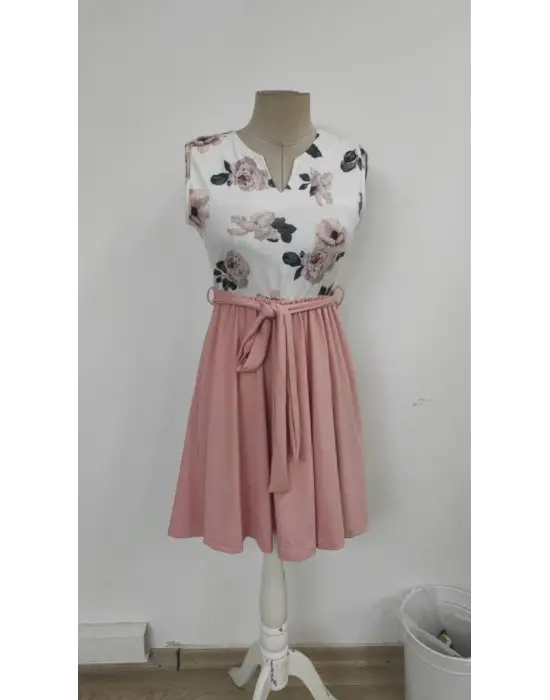Kadın Sıfır Kollu V Yakalı çiçek Baskılı Beli Kuşaklı Dalgıç Elbise