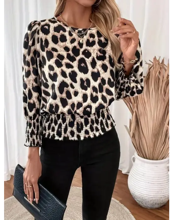 Kadın Uzun Kollu Bisiklet Yaka Leopar Desenli Modal Bluz