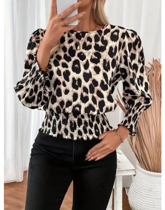 Kadın Uzun Kollu Bisiklet Yaka Leopar Desenli Modal Bluz