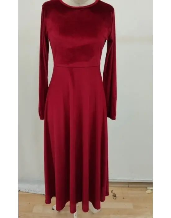 Kadın Uzun Kollu Bisiklet Yaka Midi Kadife Elbise