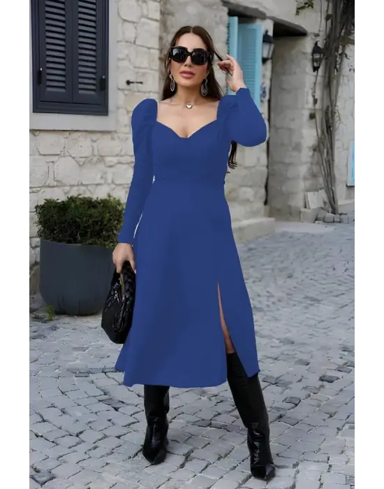 Kadın Uzun Kollu Göğüs Ve Sırt Dekolteli Krep Midi Boy Elbise