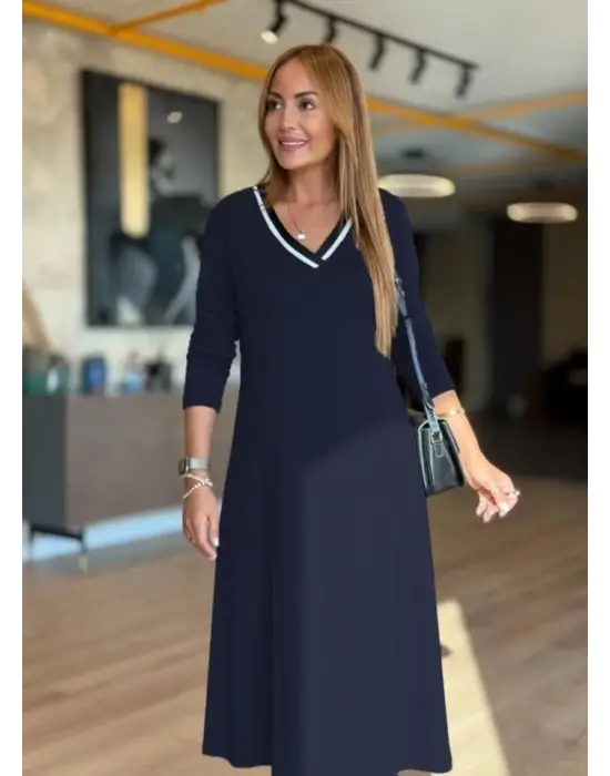 Kadın Uzun Kollu V Yakalı Midi çağla Yeşili Modal Elbise
