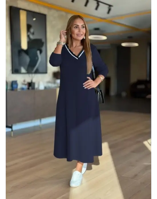 Kadın Uzun Kollu V Yakalı Midi çağla Yeşili Modal Elbise