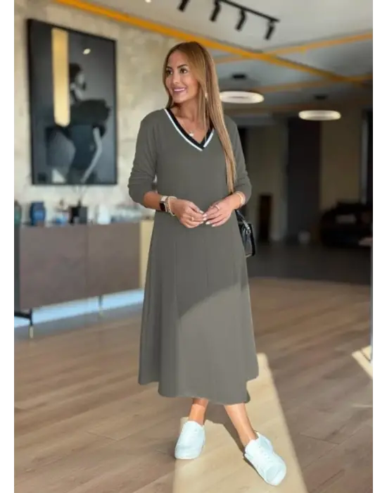 Kadın Uzun Kollu V Yakalı Midi çağla Yeşili Modal Elbise