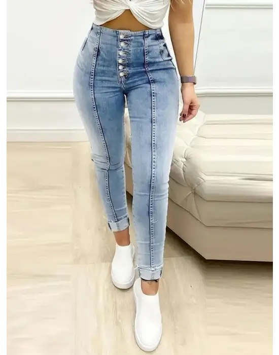 Kadın Yüksek Bel önden Düğmeli Jean Pantolon