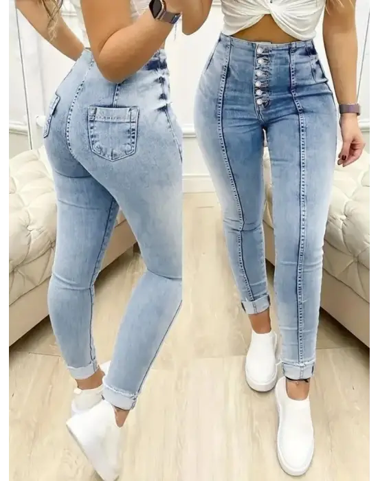 Kadın Yüksek Bel önden Düğmeli Jean Pantolon