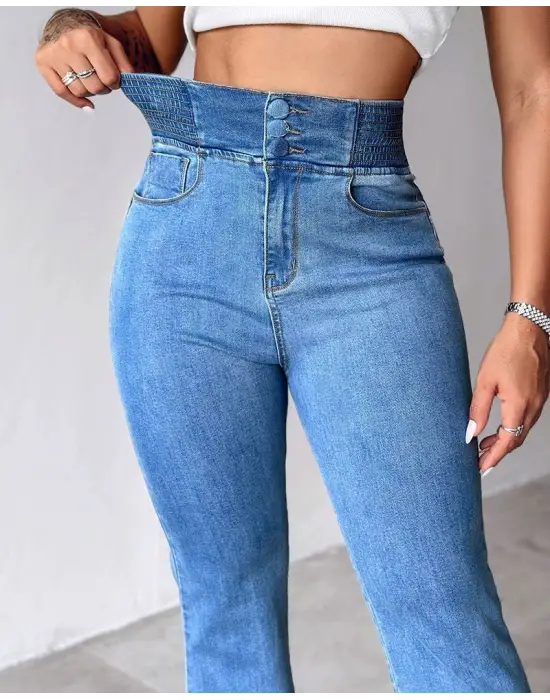 Kadın Yüksek Bel Yanları Lastik önü Düğmeli Kot Pantolon