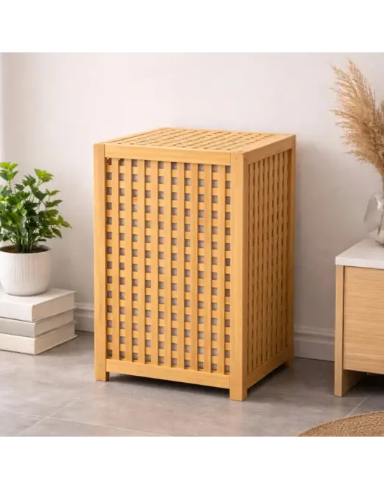 Kalın Ahşap Bambu Kirli Çamaşır Sepeti Kumaş Çantalı Sepet=40x40x58cm