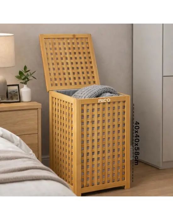 Kalın Ahşap Bambu Kirli Çamaşır Sepeti Kumaş Çantalı Sepet=40x40x58cm