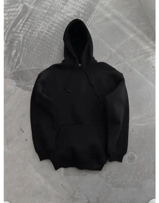 Kapşonlu Üç İplik Penye Basic SweatShirt - Siyah