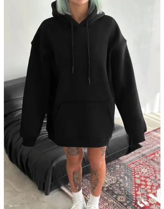 Kapşonlu Üç İplik Penye Basic SweatShirt - Siyah