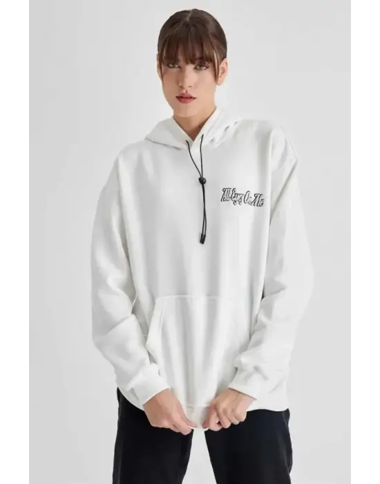 Kapüşonlu Sırt Baskılı Üç İplik Oversize Sweatshirt - Beyaz