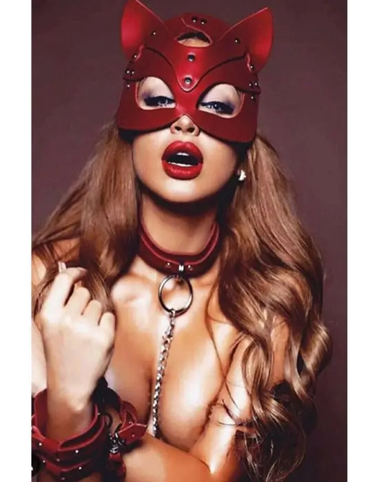 Kırmızı Maske Tasma Ve Bacak Kelepce Sexy Set