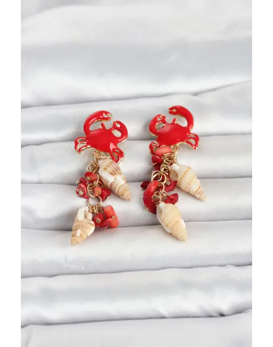 Kırmızı Yengeç Model Deniz Kabuğu Detaylı Kadın Küpe