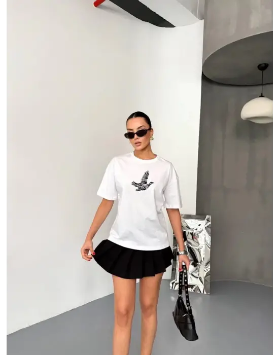 Kısa Kol Baskılı T-shirt - Beyaz