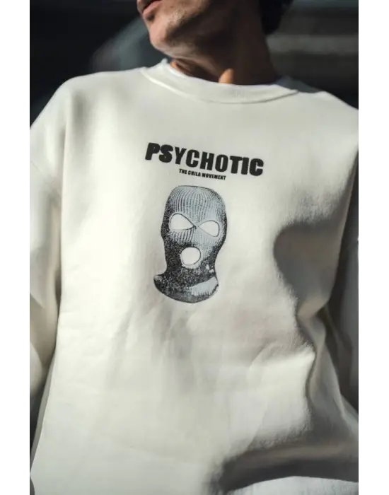 Kışlık Bisiklet Yaka Baskılı SweatShirt - Beyaz