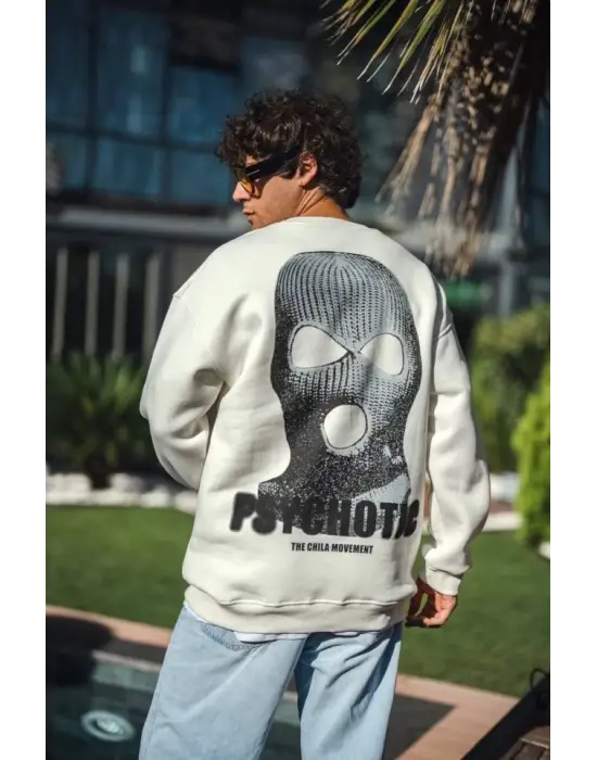 Kışlık Bisiklet Yaka Baskılı SweatShirt - Beyaz
