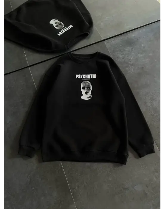 Kışlık Bisiklet Yaka Baskılı SweatShirt - Siyah