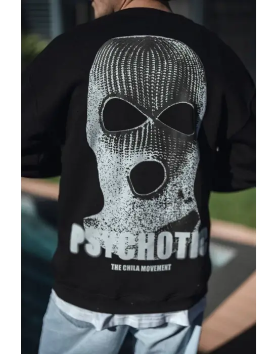 Kışlık Bisiklet Yaka Baskılı SweatShirt - Siyah