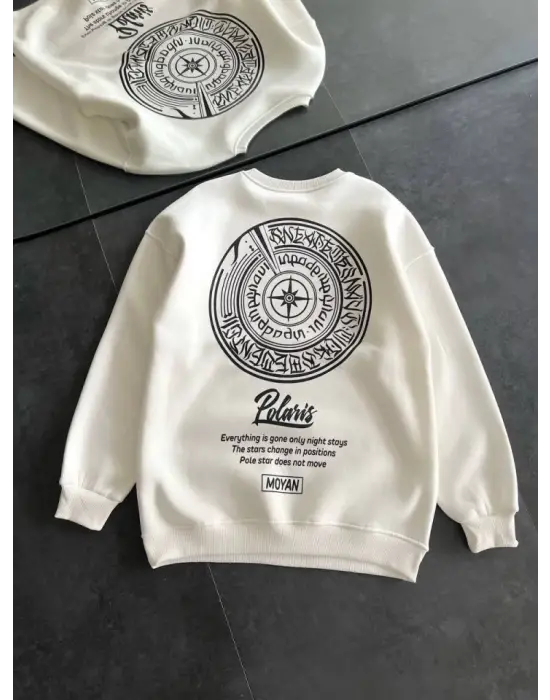 Kışlık Bisiklet Yaka Ön Ve Arka Baskılı SweatShirt - Beyaz