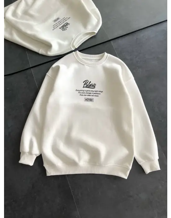 Kışlık Bisiklet Yaka Ön Ve Arka Baskılı SweatShirt - Beyaz