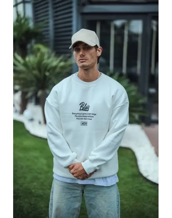Kışlık Bisiklet Yaka Ön Ve Arka Baskılı SweatShirt - Beyaz