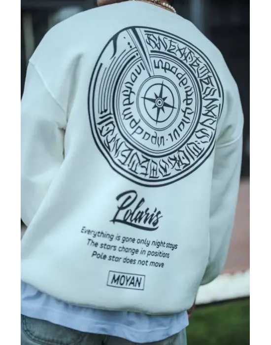 Kışlık Bisiklet Yaka Ön Ve Arka Baskılı SweatShirt - Beyaz