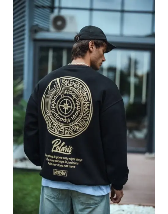Kışlık Bisiklet Yaka Ön Ve Arka Baskılı SweatShirt - Siyah