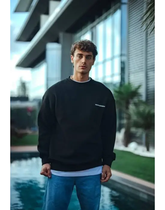 Kışlık Bisiklet Yaka Oversize Baskılı SweatShirt - Siyah