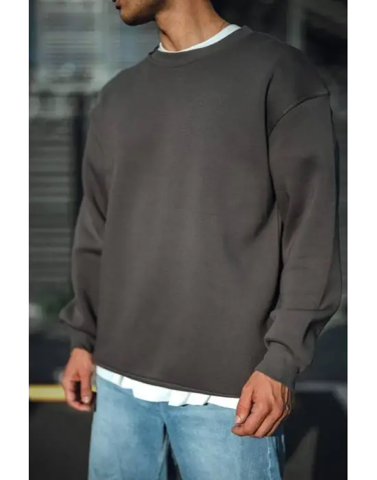 Kışlık Bisiklet Yaka Üç İplik Basic SweatShirt - Antrasit