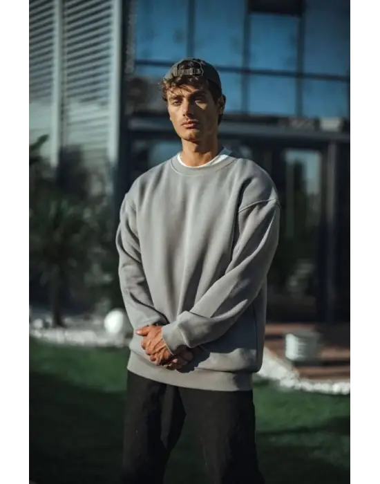 Kışlık Bisiklet Yaka Üç İplik Basic SweatShirt - Boyalı Gri