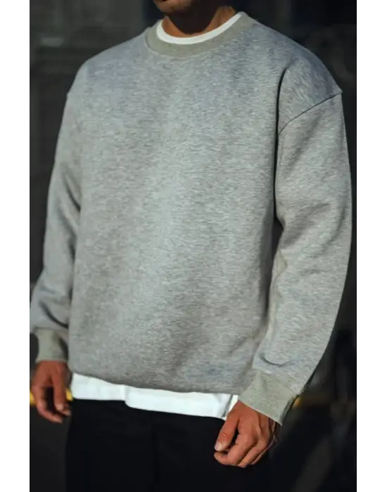 Kışlık Bisiklet Yaka Üç İplik Basic SweatShirt - Gri