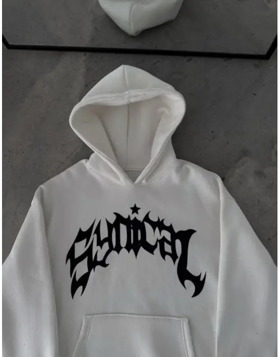 Kışlık Kapşonlu Baskılı Oversize SweatShirt- Beyaz