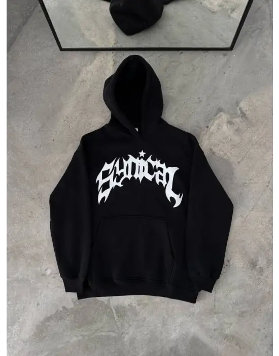 Kışlık Kapşonlu Baskılı Oversize SweatShirt- Siyah