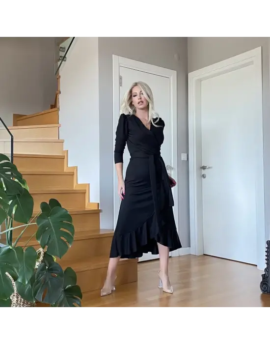 Krep Kumaş Midi Boy Kuşaklı Uzunkol Elbise 113 Cm