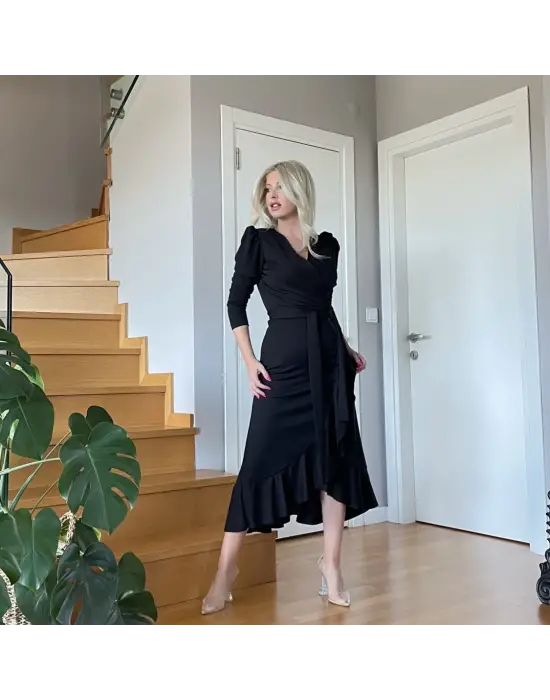 Krep Kumaş Midi Boy Kuşaklı Uzunkol Elbise 113 Cm