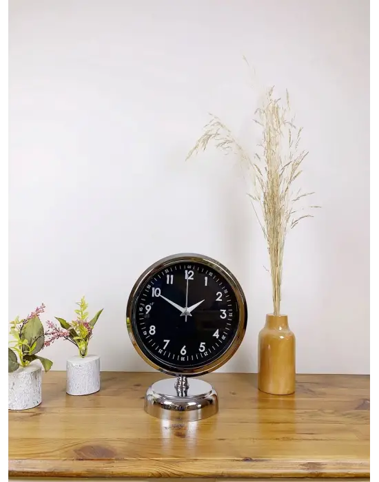 Krom Metal Gece Siyahı Masa Saati 25×20 cm