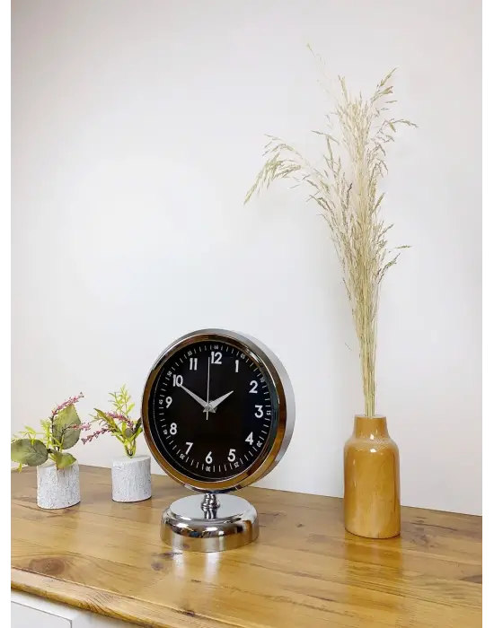 Krom Metal Gece Siyahı Masa Saati 25×20 cm