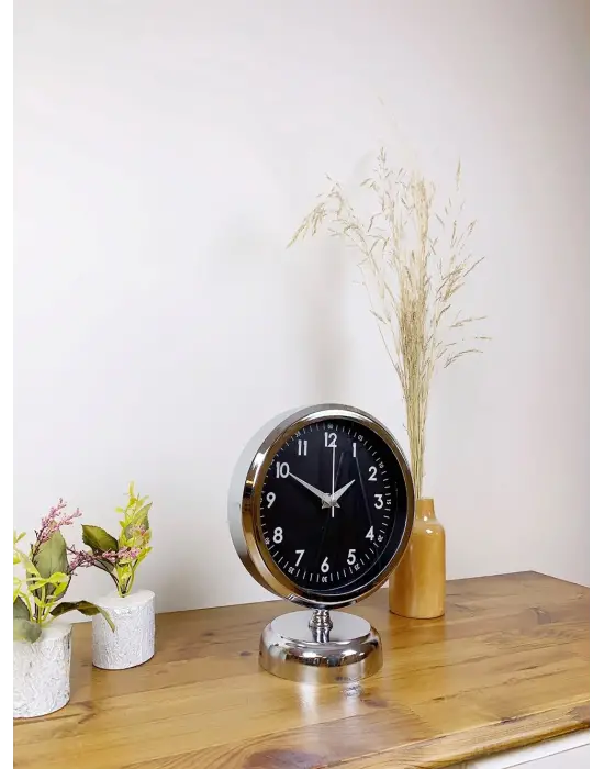 Krom Metal Gece Siyahı Masa Saati 25×20 cm