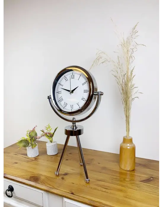 Krom Metal Mini Tripod Retro Masa Saati 45×26 cm