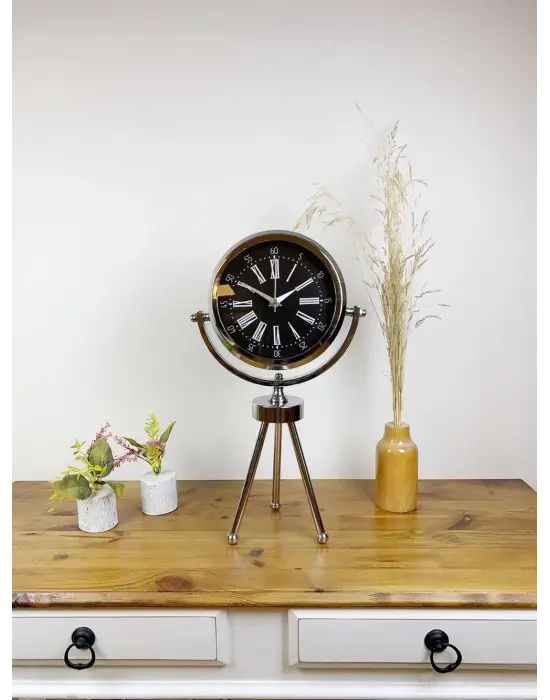 Krom Metal Mini Tripod Roma Rakamlı Masa Saati 45×26 cm