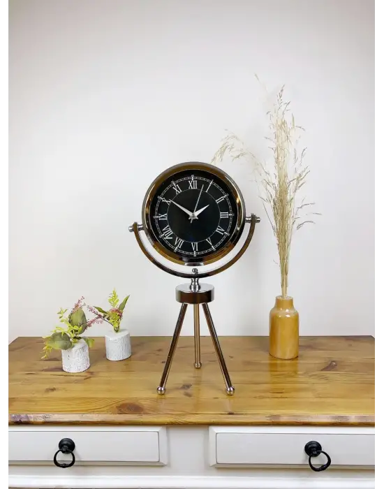 Krom Metal Mini Tripod Siyah Retro Masa Saati 45×26 cm