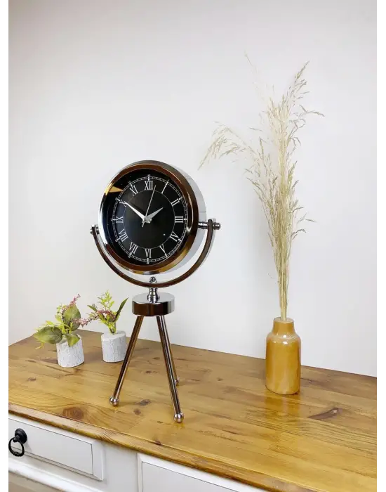 Krom Metal Mini Tripod Siyah Retro Masa Saati 45×26 cm