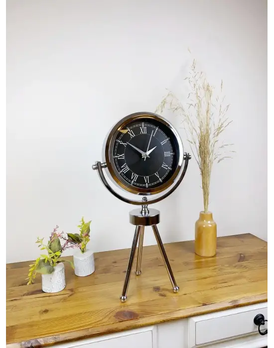 Krom Metal Mini Tripod Siyah Retro Masa Saati 45×26 cm