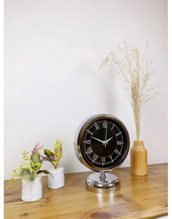 Krom Metal Siyah Retro Masa Saati 25×20 cm