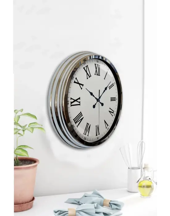 Krom Roma Rakamlı 40 Cm Metal Modern Duvar Saati