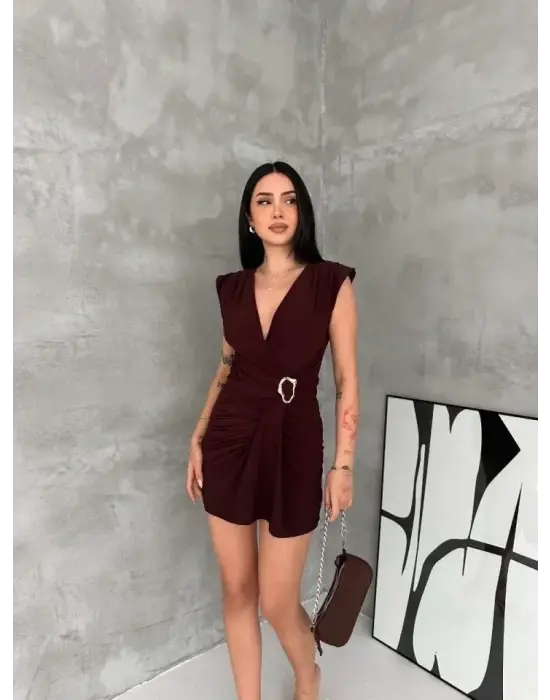 Kruvaze Drapeli Tokalı Mini Elbise Şık Gece Davet Abiye - Kahverengi