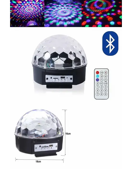 Küre Disko Topu Müzik Çalar Renkli Lazer Işıklı Bluetooth Disko Parti Işığı Kumandalı